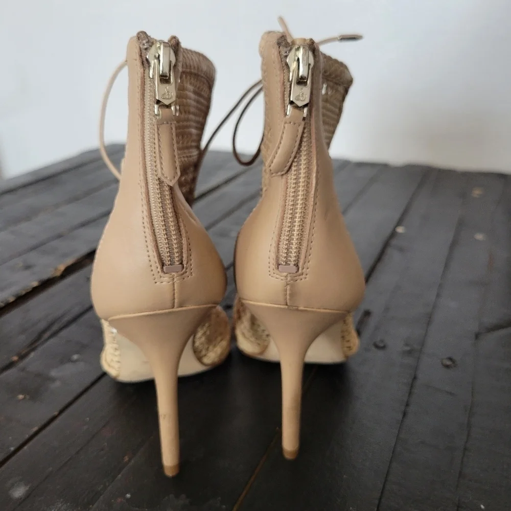 Sam Edelman Abbie Woven Heels Women's 6 Tan Beige Lace Up Stiletto Dressy